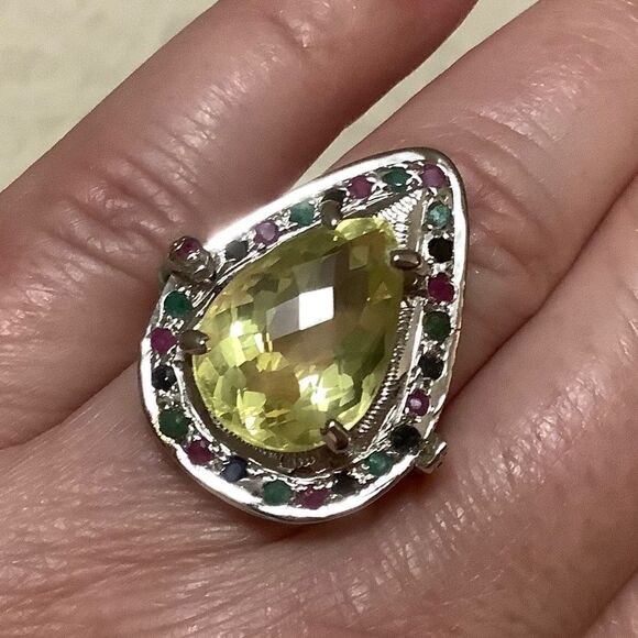 𝅺sterling SILVER 929 CITRINE/EMERALD/RUBY/BLUE SAPPHIRE WOMAN RING SIZE US 7.25 - Picture 1 of 9